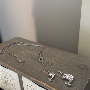 Elegant Silver Dolphin Pendant  32 inch Necklace